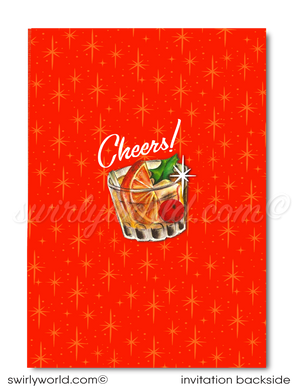 Elevate your holiday party with Swirly World's Vintage "Old Fashion" Whiskey Invitations. Featuring a mid-century modern whiskey glass topped with a Santa head, these customizable invites capture the 1950s atomic age charm. Perfect for adding retro sophistication to your festive celebration!