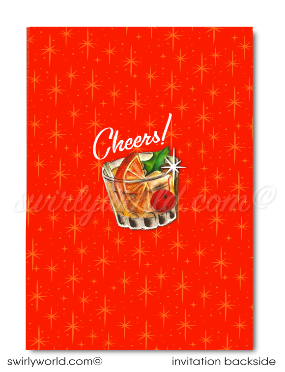 Elevate your holiday party with Swirly World's Vintage "Old Fashion" Whiskey Invitations. Featuring a mid-century modern whiskey glass topped with a Santa head, these customizable invites capture the 1950s atomic age charm. Perfect for adding retro sophistication to your festive celebration!