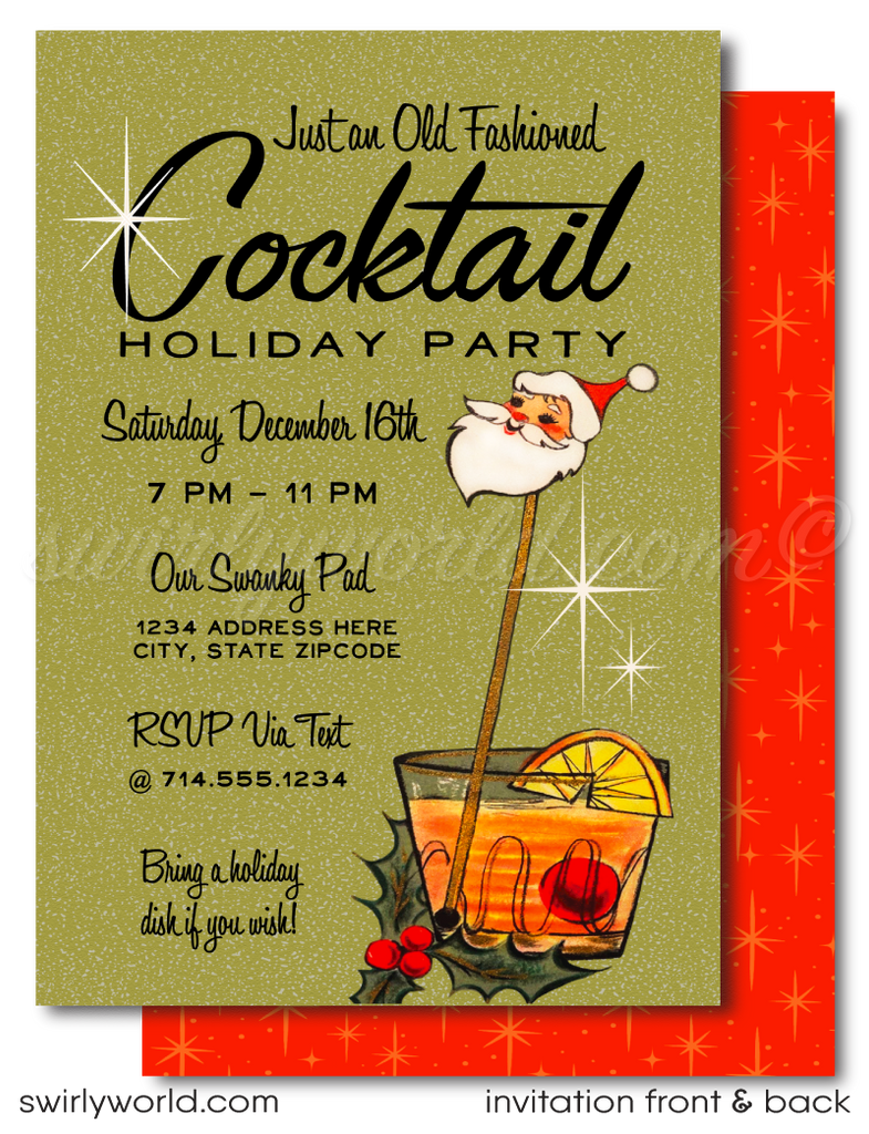 Cheers Old Fashion Whiskey Retro Mid-Century Vintage Cocktail Holiday Party Invitations