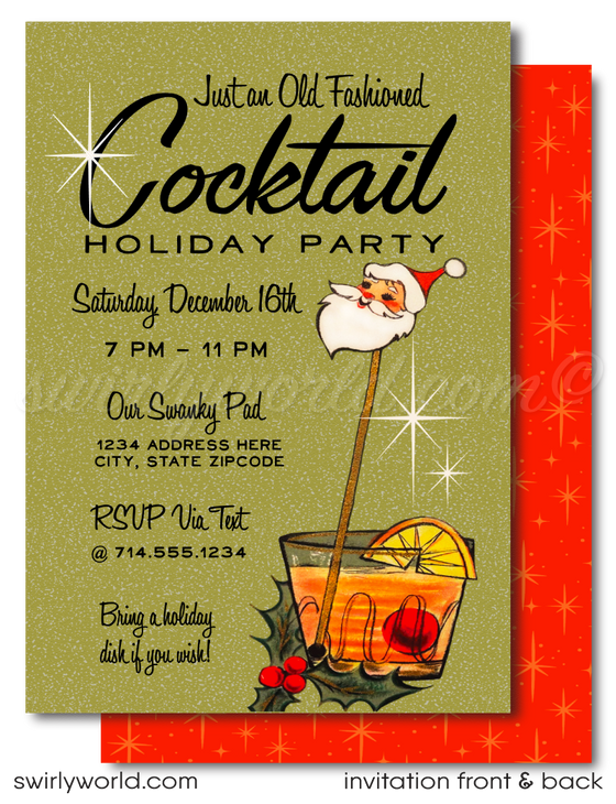 Elevate your holiday party with Swirly World's Vintage "Old Fashion" Whiskey Invitations. Featuring a mid-century modern whiskey glass topped with a Santa head, these customizable invites capture the 1950s atomic age charm. Perfect for adding retro sophistication to your festive celebration!