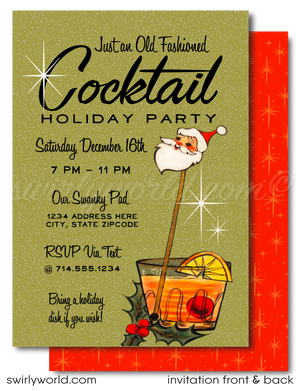 Elevate your holiday party with Swirly World's Vintage "Old Fashion" Whiskey Invitations. Featuring a mid-century modern whiskey glass topped with a Santa head, these customizable invites capture the 1950s atomic age charm. Perfect for adding retro sophistication to your festive celebration!