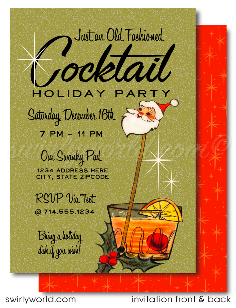 Elevate your holiday party with Swirly World's Vintage "Old Fashion" Whiskey Invitations. Featuring a mid-century modern whiskey glass topped with a Santa head, these customizable invites capture the 1950s atomic age charm. Perfect for adding retro sophistication to your festive celebration!