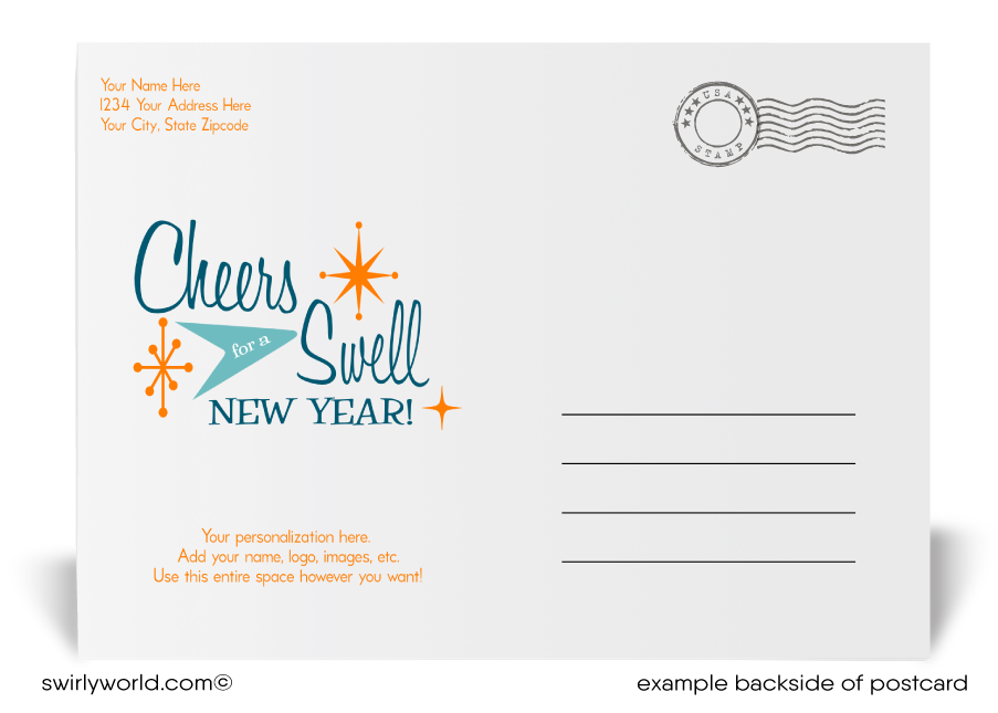 Ring in the New Year with Retro Mid-Century Modern Postcards! Featuring vibrant 1950s-1960s starbursts, retro typography, and customizable backs for a personal touch.
