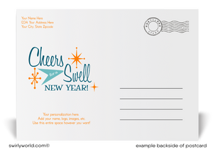 Retro Mid-Century Modern Happy New Year Postcards with Starbursts, Geometric Design, and Customizable Backside in Atomic 1950s-1960s Style