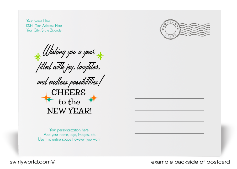 Ring in the New Year with Retro Mid-Century Modern Postcards! Featuring vibrant 1950s-1960s starbursts, retro typography, and customizable backs for a personal touch.