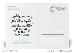 Atomic 1950s-1960s Style Retro Mid-Century Modern Happy New Year Postcards with Starbursts, Geometric Design, and Customizable Backside