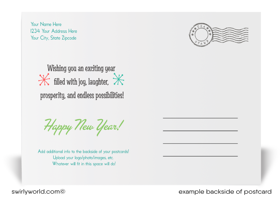 Retro Mid-Century Modern Happy New Year Postcards with Starbursts, Customizable Backside in Atomic 1950s-1960s Style