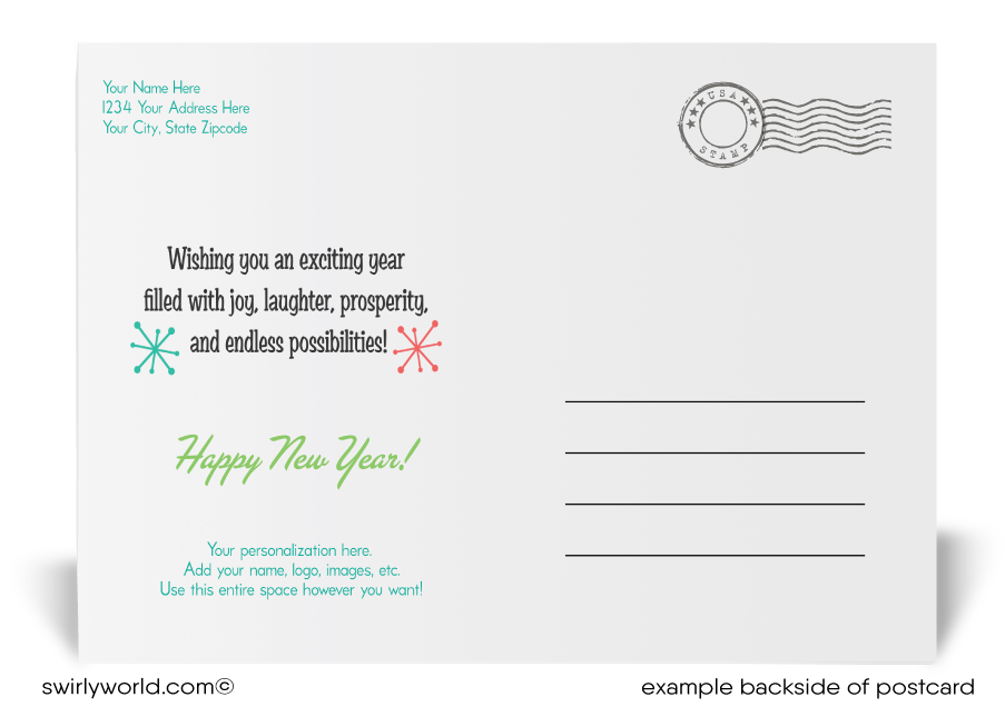 Celebrate with Retro Mid-Century Modern Postcards! Featuring 1950s-1960s starbursts, festive snowflakes, and customizable backs in classic MCM colors for New Year’s joy.