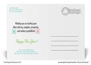 Retro Mid-Century Modern Happy New Year Postcards with Starbursts, Snowflakes, and Customizable Backside in Classic 1950s-1960s Color Palette