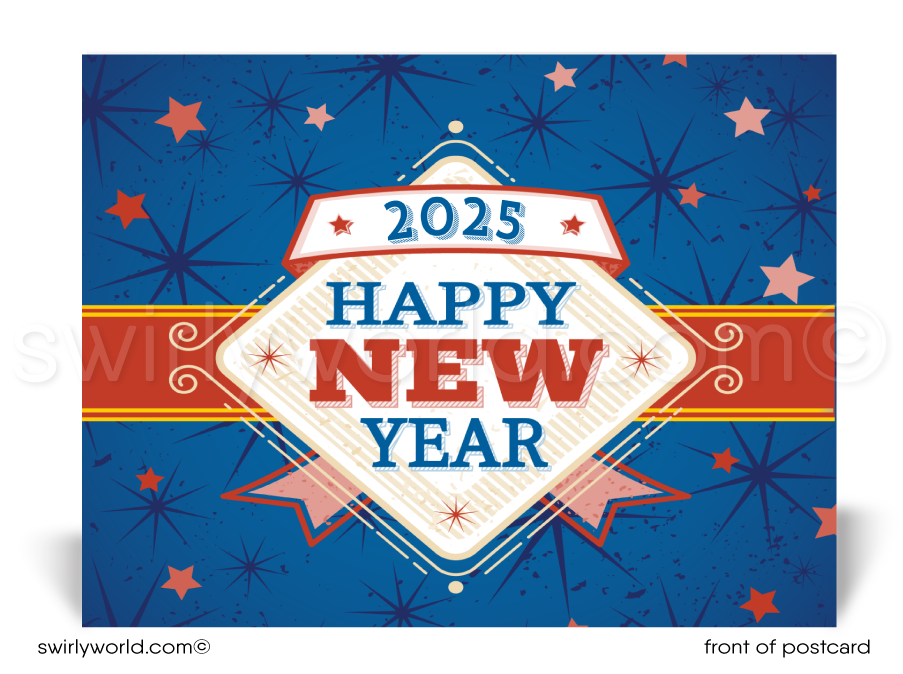 Send bold New Year wishes! Our exclusive Happy New Year Postcards feature patriotic red, white, and blue design with starbursts, bold typography, and customizable backs.
