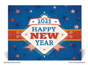Send bold New Year wishes! Our exclusive Happy New Year Postcards feature patriotic red, white, and blue design with starbursts, bold typography, and customizable backs.
