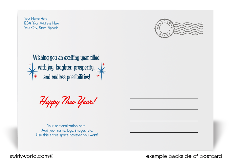 Send bold New Year wishes! Our exclusive Happy New Year Postcards feature patriotic red, white, and blue design with starbursts, bold typography, and customizable backs.
