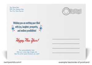 Exclusive Happy New Year 2025 Postcards with Patriotic Red, White, and Blue Design, Starbursts, Bold Typography, and Customizable Backside