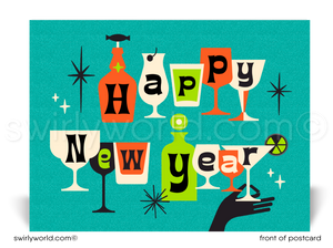 Ring in the New Year with Retro Mid-Century Modern Postcards! Featuring vibrant 1950s-1960s starbursts, retro typography, and customizable backs for a personal touch.