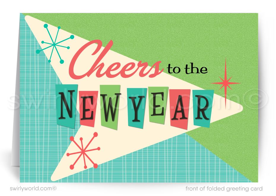 New Year's card with 'Cheers to the New Year' text on a green and blue background