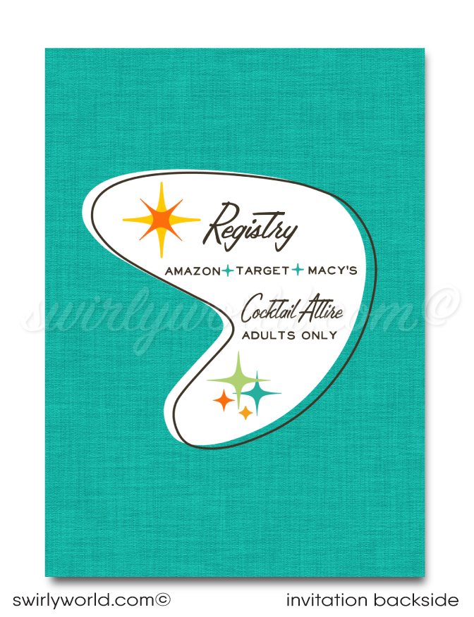 Introducing Our Vibrant 1960s Mid-Century Modern Wedding Invitation Set! Step into a world of retro sophistication with our eye-catching wedding invitation set, inspired by the iconic designs of the 1960s. Embracing the vibrant hues of teal blue, aqua blue, orange, yellow, green, accented with a retro black font, this set radiates midmod vibes and style.