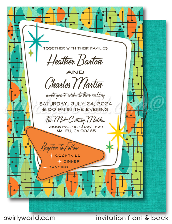 Introducing Our Vibrant 1960s Mid-Century Modern Wedding Invitation Set! Step into a world of retro sophistication with our eye-catching wedding invitation set, inspired by the iconic designs of the 1960s. Embracing the vibrant hues of teal blue, aqua blue, orange, yellow, green, accented with a retro black font, this set radiates midmod vibes and style.
