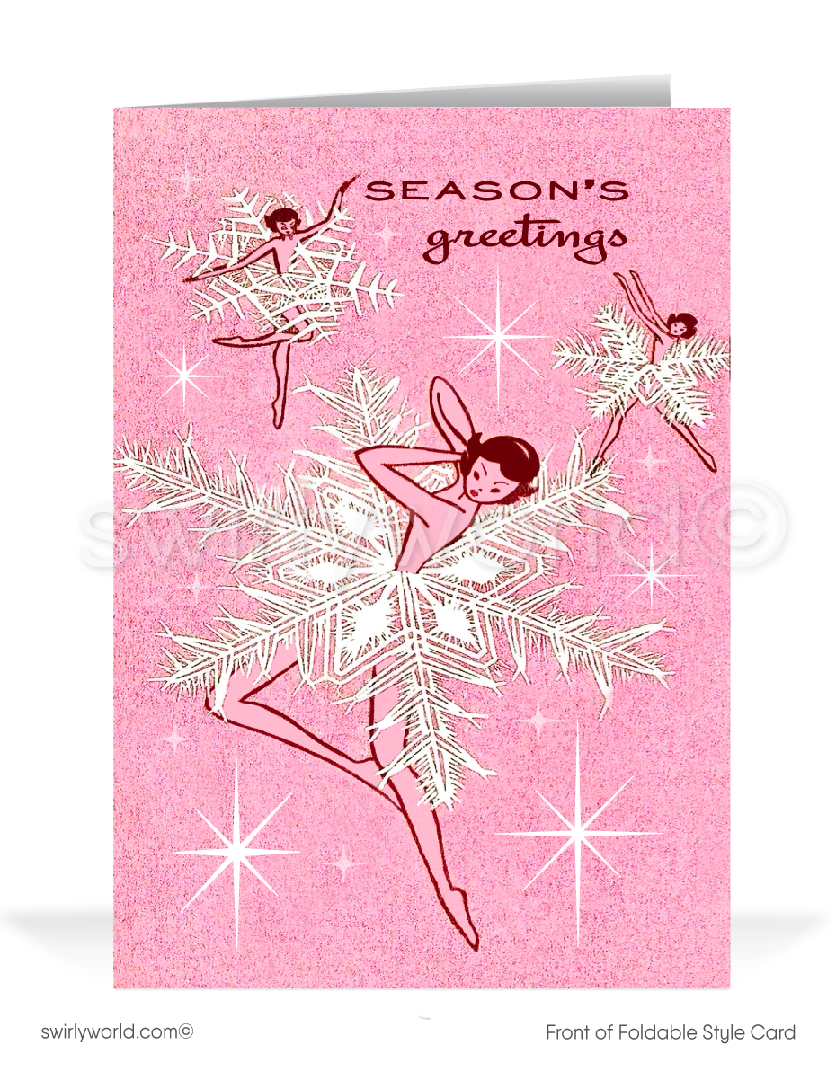 Step back in time with our exclusive vintage mid-century modern holiday greeting cards, filled with the charm of a cherished era. This unique design showcases a trio of whimsical ballet dancers wearing snowflakes as tutus with atomic starbursts in powder pink. The words "Season's Greetings" is elegantly placed above, adding a graceful touch. Personalize this design with your custom wording.

