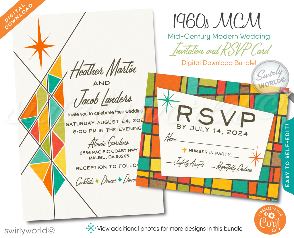 This elegant & swanky 1960s mid-century modern wedding invitation and RSVP card digital download features a chic MCM retro mod Palm Springs aesthetic with atomic-inspired colors and starbursts.