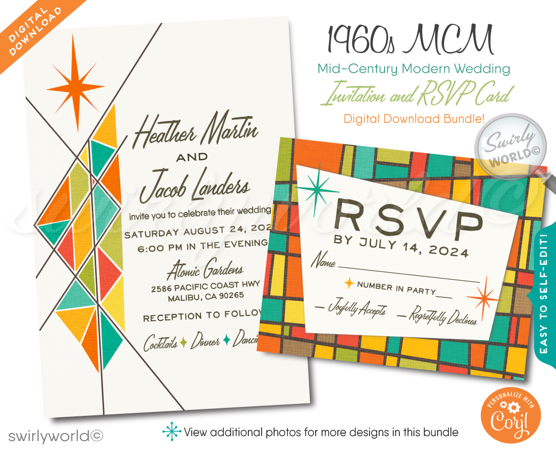 This elegant & swanky 1960s mid-century modern wedding invitation and RSVP card digital download features a chic MCM retro mod Palm Springs aesthetic with atomic-inspired colors and starbursts.