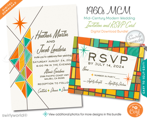 This elegant & swanky 1960s mid-century modern wedding invitation and RSVP card digital download features a chic MCM retro mod Palm Springs aesthetic with atomic-inspired colors and starbursts.
