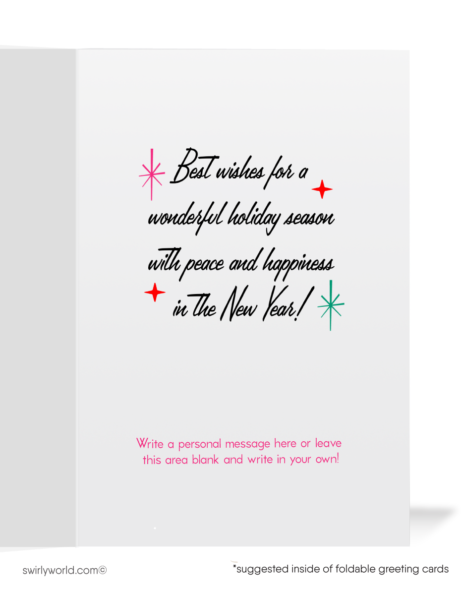 Relive the 1950s with a vintage Christmas card featuring Santa and reindeer among abstract trees, starbursts, and a pink mid-century modern atomic design!