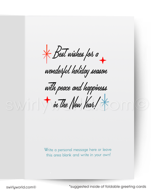 Mid Century Modern Christmas Card – 1950s Retro Santa & Abstract Trees Holiday Greeting