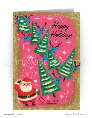 Christmas card with Santa Claus and trees on a pink background