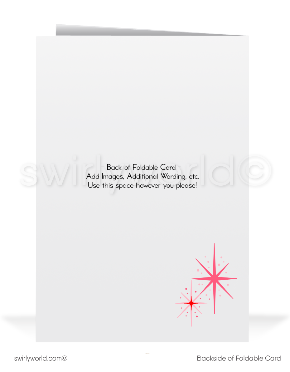 Vintage 1950s Christmas Card - Kitten with Retro Red Ornament on Iconic Tree, Powder Pink Backdrop