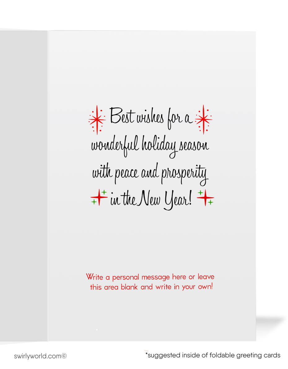 Relive Christmas magic with a vintage 1950s card featuring Santa in his sleigh, reindeer flying over a snow-capped village on Christmas Eve under a starlit sky.