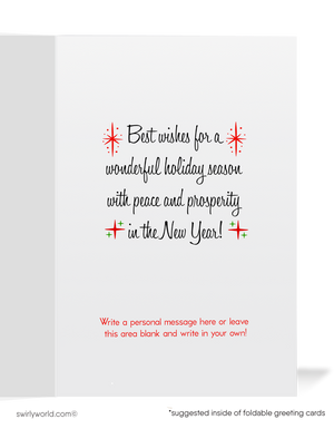 Vintage 1950s Christmas Card - Santa in Sleigh with Reindeer Over Snow-Capped Village