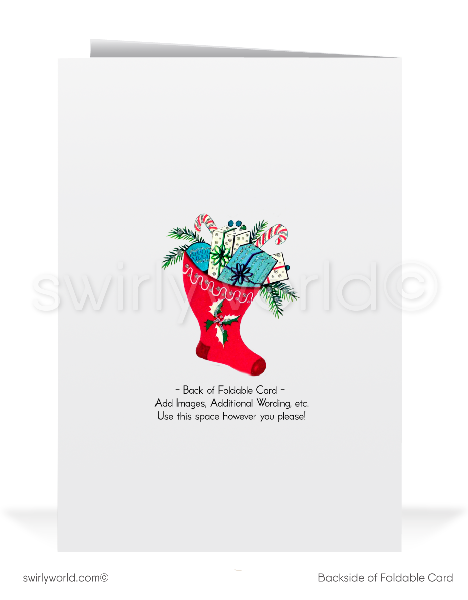 Vintage 1950s Christmas Card - Santa in Sleigh with Reindeer Over Snow-Capped Village