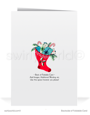 Vintage 1950s Christmas Card - Santa in Sleigh with Reindeer Over Snow-Capped Village