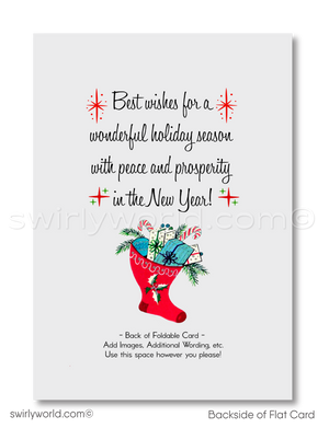 Vintage 1950s Christmas Card - Santa in Sleigh with Reindeer Over Snow-Capped Village