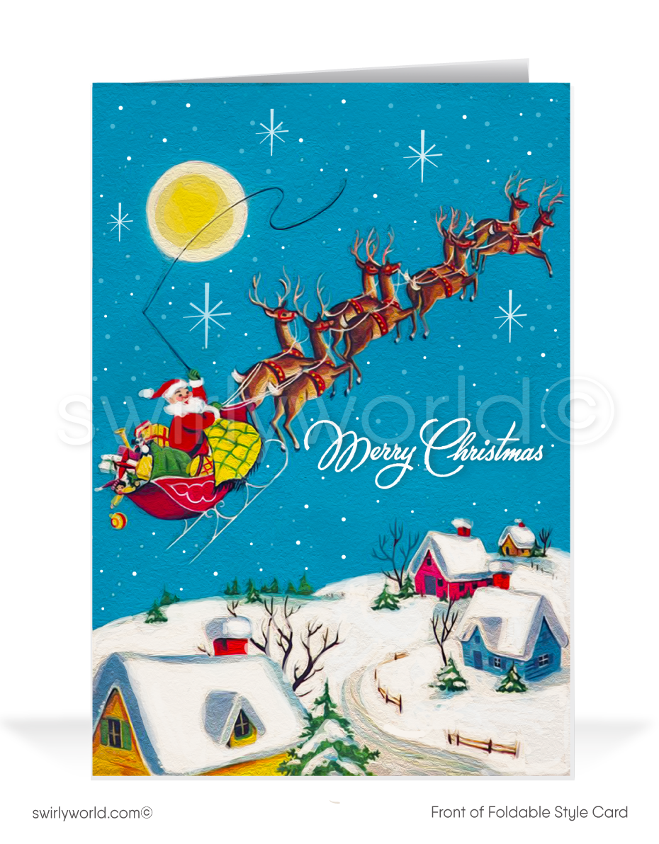 Relive Christmas magic with a vintage 1950s card featuring Santa in his sleigh, reindeer flying over a snow-capped village on Christmas Eve under a starlit sky.