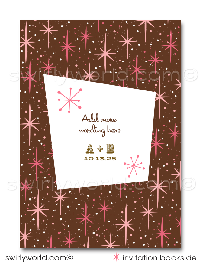 This unique Engagement invitation captures the essence of the atomic age with an adorable silhouette of the just-engaged couple - the groom on one knee presenting a box with an engagement ring to his beguiling bride to be. It's a moment frozen in time, blending romance with the iconic aesthetics of the mid-century modern period.