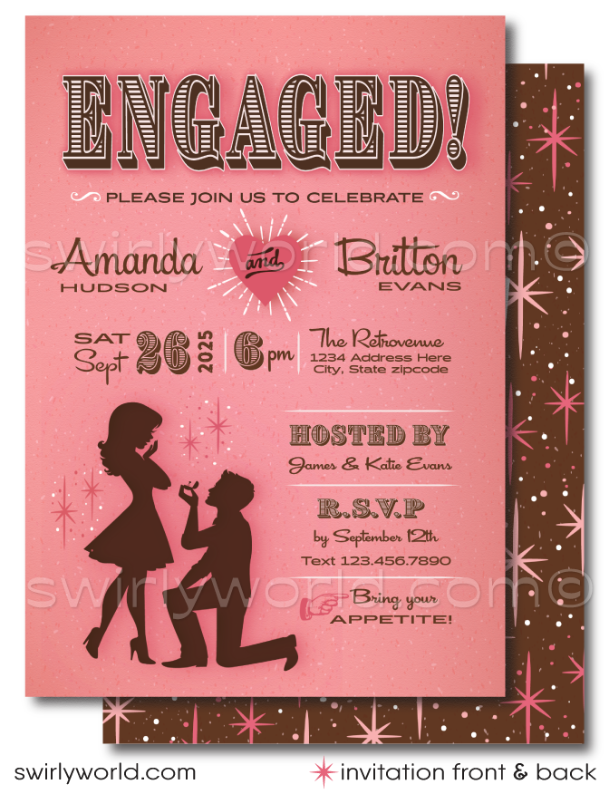 This unique Engagement invitation captures the essence of the atomic age with an adorable silhouette of the just-engaged couple - the groom on one knee presenting a box with an engagement ring to his beguiling bride to be. It's a moment frozen in time, blending romance with the iconic aesthetics of the mid-century modern period.