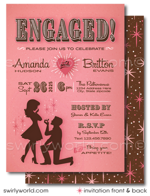 This unique Engagement invitation captures the essence of the atomic age with an adorable silhouette of the just-engaged couple - the groom on one knee presenting a box with an engagement ring to his beguiling bride to be. It's a moment frozen in time, blending romance with the iconic aesthetics of the mid-century modern period.