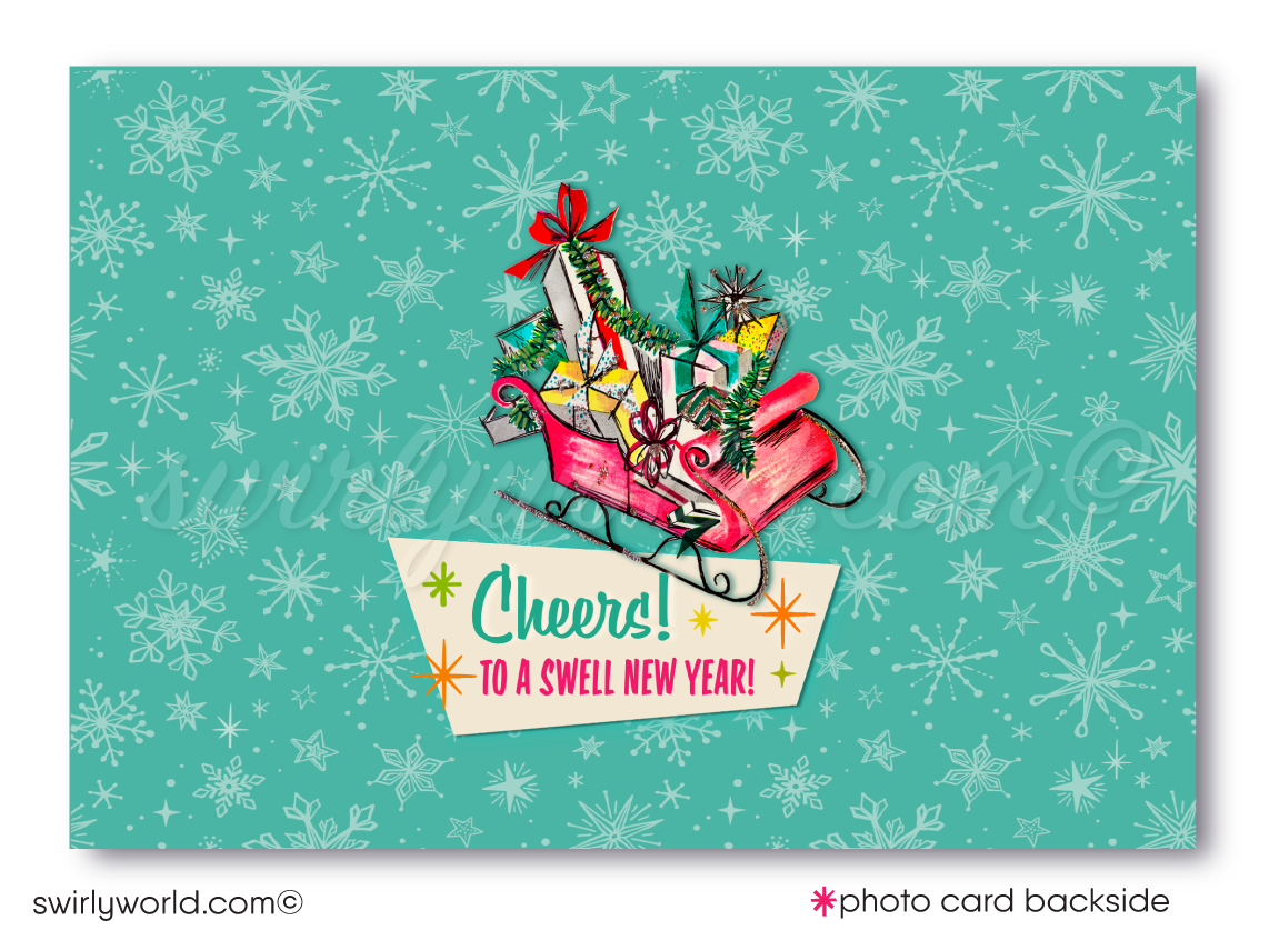 1950s Atomic Snowflake Holiday Photo Card - Retro Mid-Century Modern Christmas Card - Editable Template