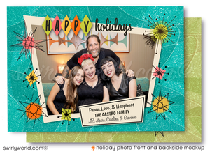 Mid-Century Modern Holiday Photo Card - 1950s Atomic Starburst & Boomerang Design - Customizable Template