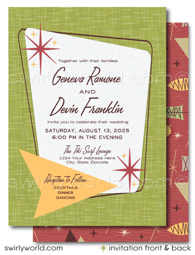 Step back in time and embrace the playful spirit of the 1960s with our Tiki Surf-themed Mad Men style wedding invitations. Perfect for couples who adore the mid-century modern aesthetic, this digital download set captures the essence of the era with its dynamic blend of atomic starbursts, whimsical amoeba shapes, and striking geometric patterns.