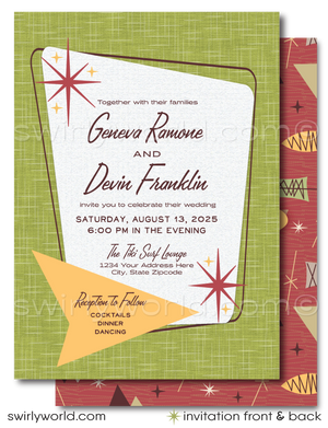 Step back in time and embrace the playful spirit of the 1960s with our Tiki Surf-themed Mad Men style wedding invitations. Perfect for couples who adore the mid-century modern aesthetic, this digital download set captures the essence of the era with its dynamic blend of atomic starbursts, whimsical amoeba shapes, and striking geometric patterns.