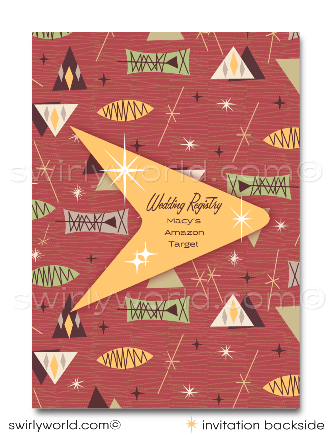 Step back in time and embrace the playful spirit of the 1960s with our Tiki Surf-themed Mad Men style wedding invitations. Perfect for couples who adore the mid-century modern aesthetic, this digital download set captures the essence of the era with its dynamic blend of atomic starbursts, whimsical amoeba shapes, and striking geometric patterns.