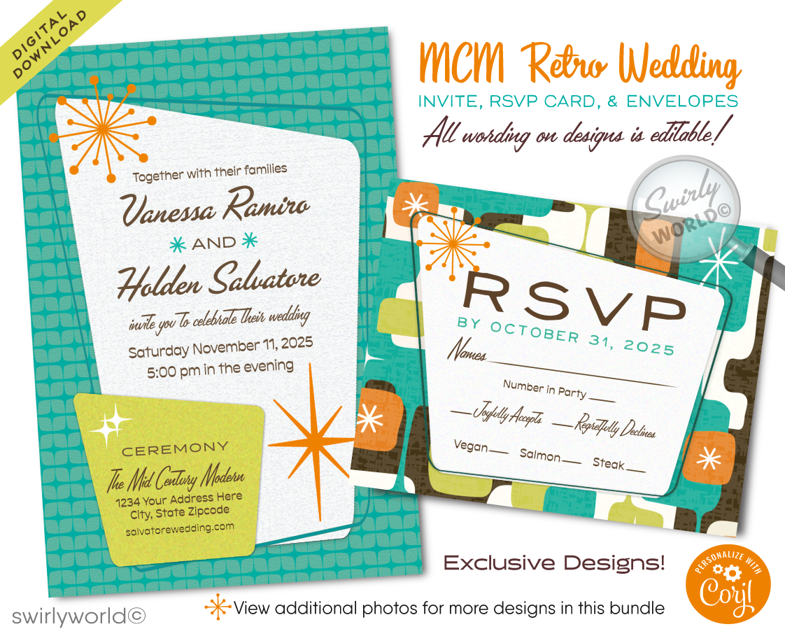 Retro Atomic Mid-Century Modern Wedding Invitation and RSVP Card Digital Download