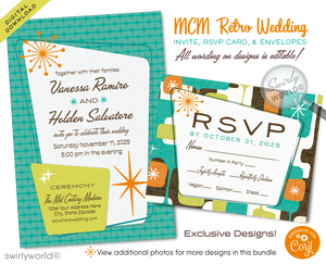 Retro Atomic Mid-Century Modern Wedding Invitation and RSVP Card Digital Download