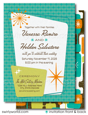 Celebrate your love with a splash of vintage flair using our Atomic Mid-Century Modern Wedding Invitation Set, perfectly tailored for the swanky couple with a penchant for the iconic Mad Men aesthetic. This digital download captures the sophisticated charm of the 1950s-1960s mid-century mod era, blending a fashionable Palm Springs vibe with eye-catching atomic-style starburst motifs in classic midmod colors of orange, green, and aqua blue.