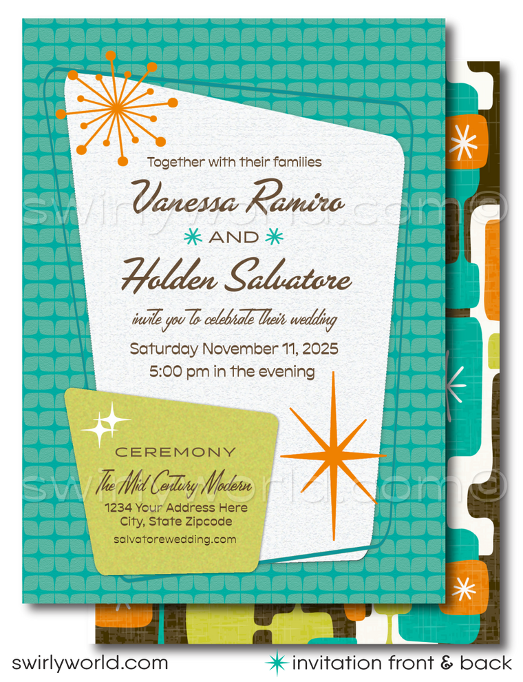 Celebrate your love with a splash of vintage flair using our Atomic Mid-Century Modern Wedding Invitation Set, perfectly tailored for the swanky couple with a penchant for the iconic Mad Men aesthetic. This digital download captures the sophisticated charm of the 1950s-1960s mid-century mod era, blending a fashionable Palm Springs vibe with eye-catching atomic-style starburst motifs in classic midmod colors of orange, green, and aqua blue.