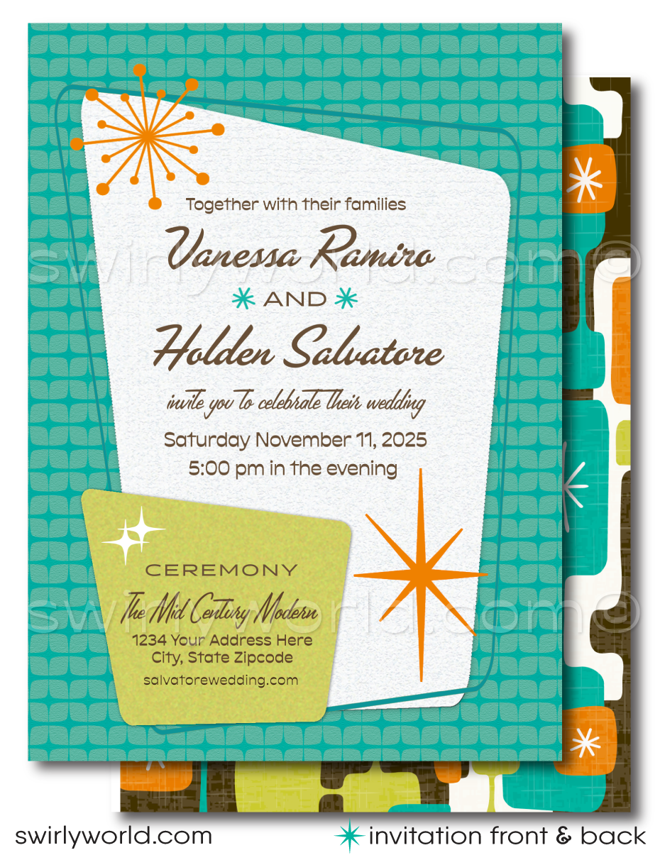 Celebrate your love with a splash of vintage flair using our Atomic Mid-Century Modern Wedding Invitation Set, perfectly tailored for the swanky couple with a penchant for the iconic Mad Men aesthetic. This digital download captures the sophisticated charm of the 1950s-1960s mid-century mod era, blending a fashionable Palm Springs vibe with eye-catching atomic-style starburst motifs in classic midmod colors of orange, green, and aqua blue.