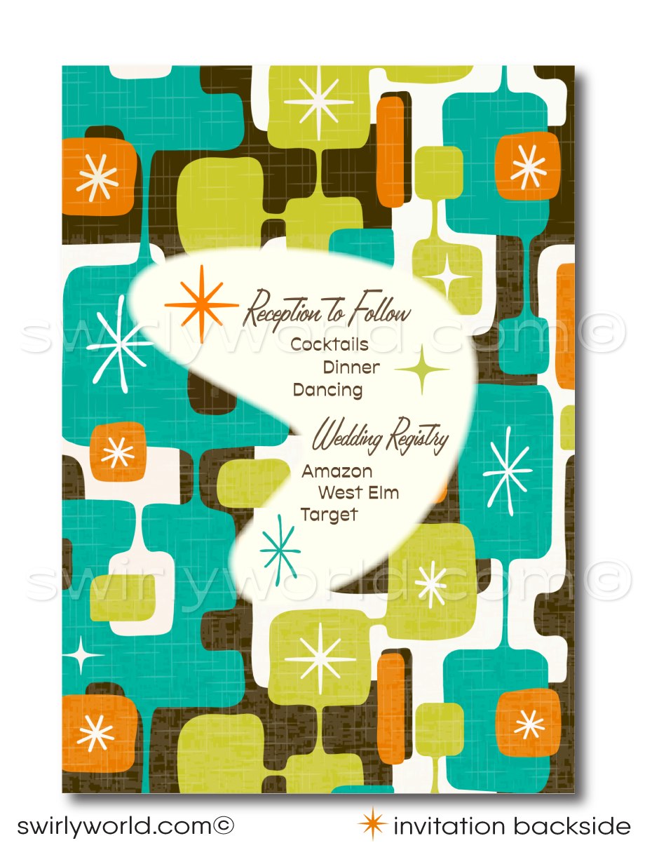 Celebrate your love with a splash of vintage flair using our Atomic Mid-Century Modern Wedding Invitation Set, perfectly tailored for the swanky couple with a penchant for the iconic Mad Men aesthetic. This digital download captures the sophisticated charm of the 1950s-1960s mid-century mod era, blending a fashionable Palm Springs vibe with eye-catching atomic-style starburst motifs in classic midmod colors of orange, green, and aqua blue.