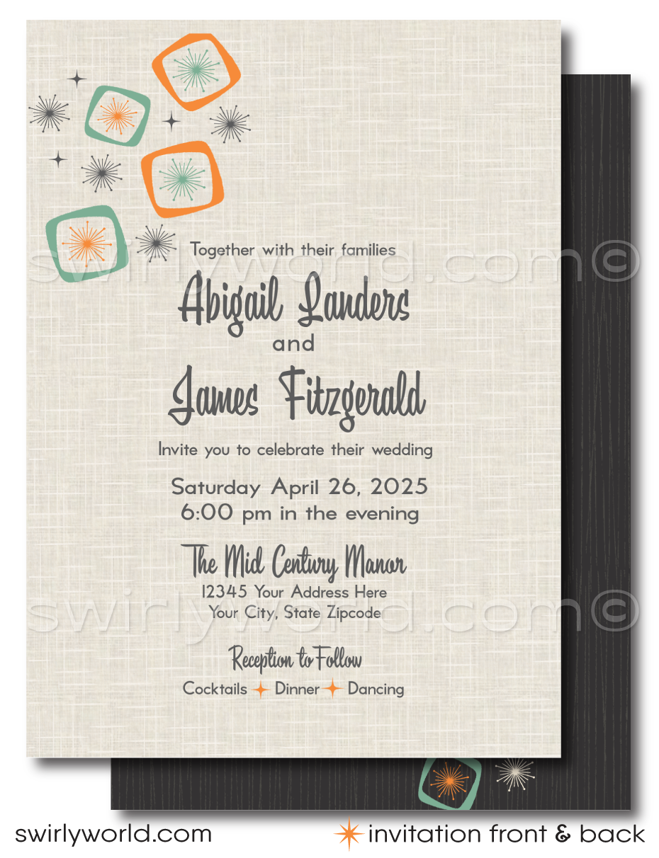 Dive into the charm of yesteryears with our "Mad Men" inspired Atomic Mid-Century Modern Wedding Invitation Set, meticulously crafted for couples who revel in the classic MCM design. This digital set captures the polished essence of the 1950s-1960s mid-century era, blending a sleek Palm Springs aesthetic with bold atomic-style starburst patterns and amoeba shapes in a vibrant palette of orange, aqua, charcoal gray, and tan.